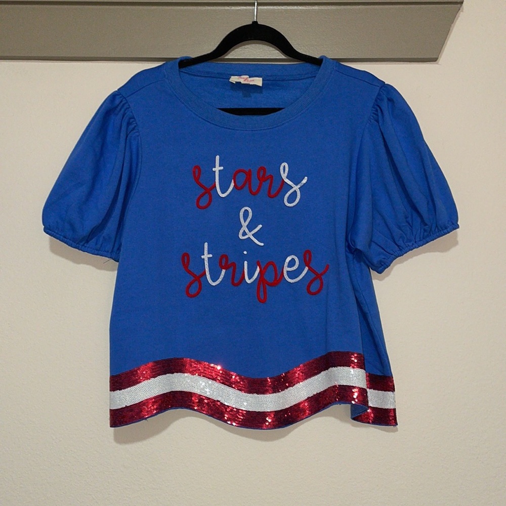 Peach Love Stars & Stripes Sequin Puff Sleeve Top SZ L EUC
